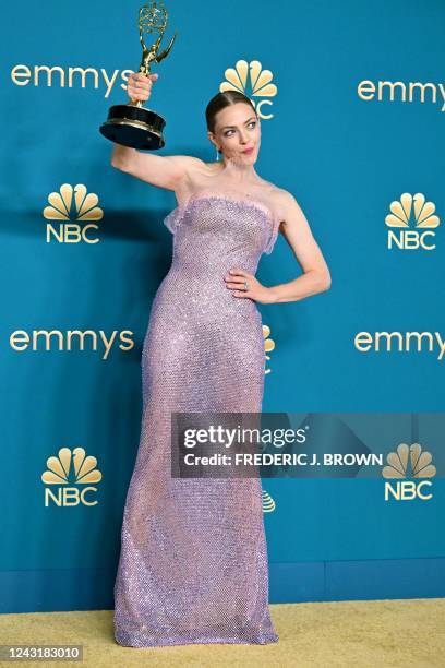 Actress Amanda Seyfried poses with the Emmy for Outstanding Lead Actress in a Limited Or Anthology Series or Movie for "The Dropout" during the 74th...