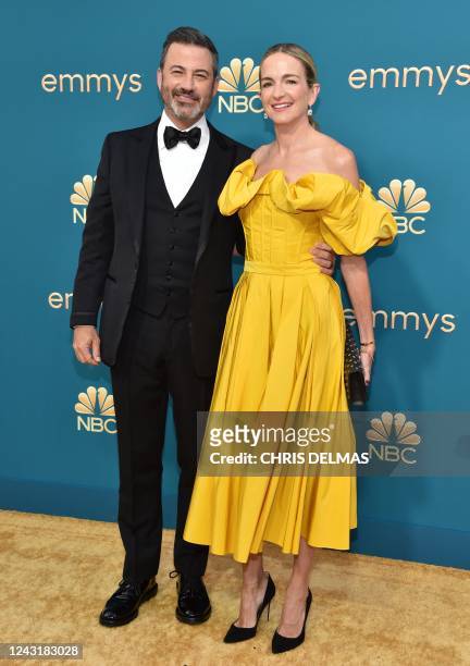 Talk show host Jimmy Kimmel and his wife writer Molly McNearney arrive for the 74th Emmy Awards at the Microsoft Theater in Los Angeles, California,...