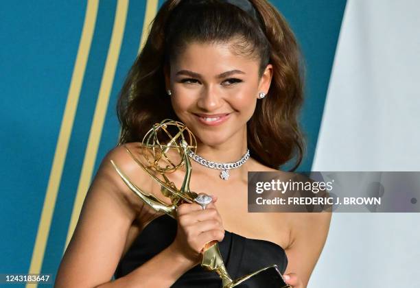Actress Zendaya poses with the Emmy for Outstanding Lead Actress In A Drama Series for "Euphoria" during the 74th Emmy Awards at the Microsoft...