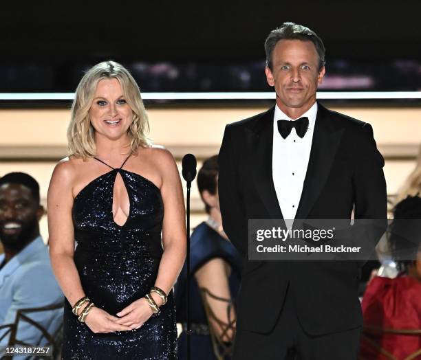 Amy Poehler and Seth Meyers speak onstage at the 74th Primetime Emmy Awards held at Microsoft Theater on September 12, 2022 in Los Angeles,...