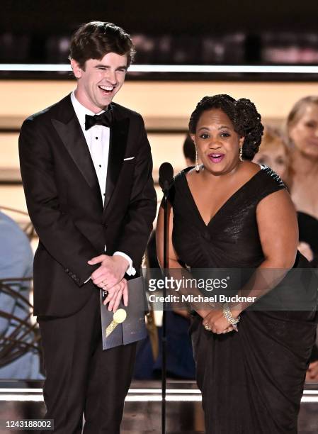 Freddie Highmore and Chandra Wilson present the award for Outstanding Supporting Actress in a Limited or Anthology Series or Movie at the 74th...