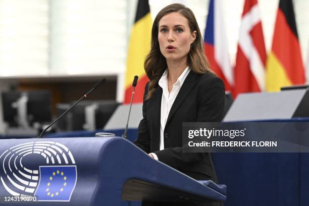 Finland's Prime Minister Sanna Marin delivers a speech during the "This is Europe" debate at the European Parliament in Strasbourg, eastern France,...