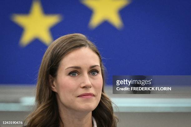 Finland's Prime Minister Sanna Marin arrives for a speech during the "This is Europe" debate at the European Parliament in Strasbourg, eastern...