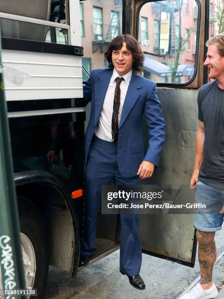 Tom Holland is seen at film set of 'The Crowded Room' TV Series on September 12, 2022 in New York City.