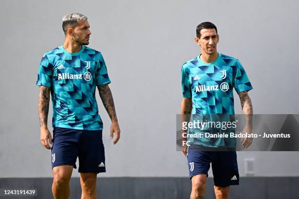 Leandro Paredes, Angel Di Maria of Juventus during a training session ahead of their UEFA Champions League group H match against SL Benfica at...