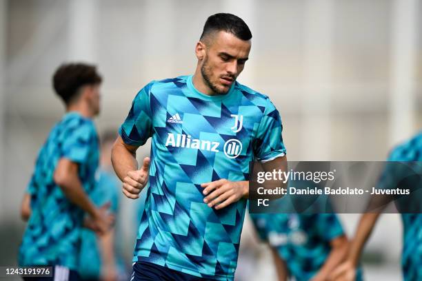Filip Kostic of Juventus during a training session ahead of their UEFA Champions League group H match against SL Benfica at Allianz Stadium on...