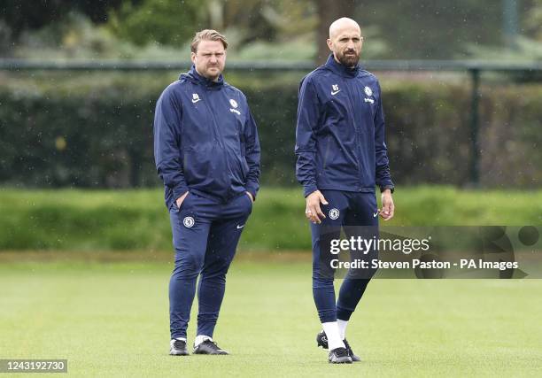 Chelsea assistant coach Bjorn Hamberg and technical coach Bruno Saltor during a training session at Cobham Training Centre, Surrey. Picture date:...