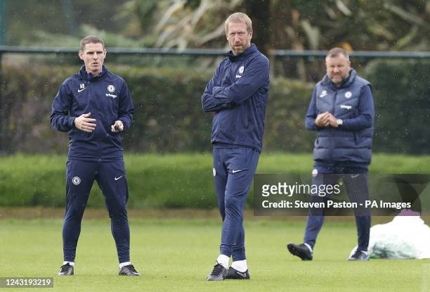 Chelsea manager Graham Potter , with assistant managers Anthony Barry and Billy Reid during a training session at Cobham Training Centre, Surrey....