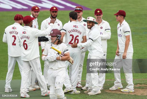Ben Sanderson of Northamptonshire celebrates after taking the wicket of Rory Burns of Surrey during the LV= Insurance County Championship match...