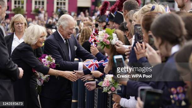 King Charles III and the Queen Consort are greeted by members of the public outside Hillsborough Castle on September 13, 2022 in Hillsborough, United...