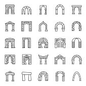 Arches, linear icon set. Arch architectural element from various materials. Line with editable stroke