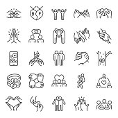 Friendship, linear icon set. Communication and Interaction, mutual affection, relationship between people. Friends chatting and having fun with each other. Line with editable stroke