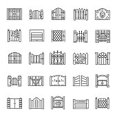 Gate, linear icon set. Gateway made of wood, iron, stone, brick. big and small. for urban facades, castles, building. Line with editable stroke