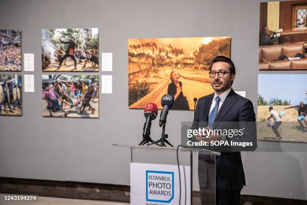 Anadolu Agency General Manager Serdar Karagoz gives an opening speech during the Istanbul Photo Awards 2022 exhibition. Istanbul Photo Awards 2022...