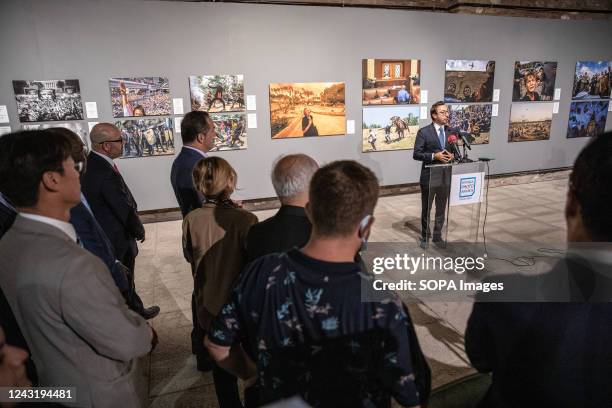 Anadolu Agency General Manager Serdar Karagoz gives an opening speech during the Istanbul Photo Awards 2022 exhibition. Istanbul Photo Awards 2022...