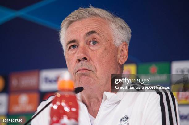 Real Madrid head coach Carlo Ancelotti Cf talks during a press conference ahead of their UEFA Champions League group F match against RB Leipzig at...