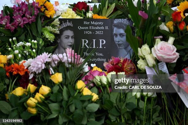 Flowers and tributes are pictured in Green Park in London on September 13 following the death of Queen Elizabeth II on September 8. - Queen Elizabeth...