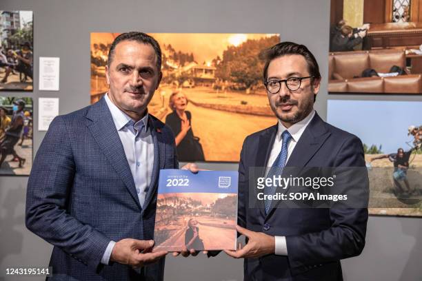 Beyoglu Mayor Haydar Ali Yildiz and Anadolu Agency General Manager Serdar Karagoz hold the Istanbul Photo Awards 2022 book. Istanbul Photo Awards...