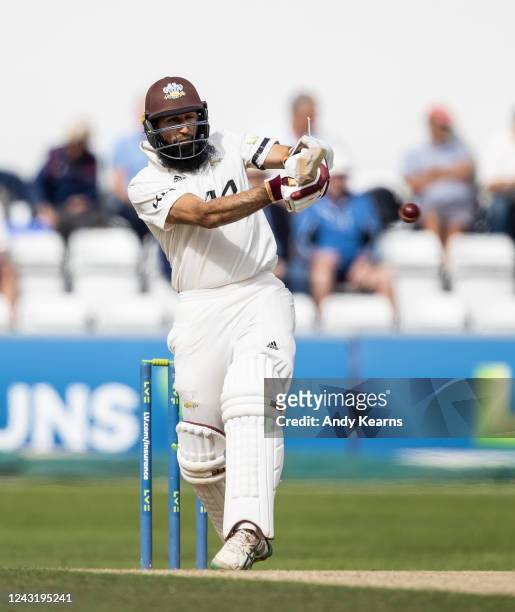 Hashim Amla of Surrey hits out during the LV= Insurance County Championship match between Northamptonshire and Surrey at The County Ground on...
