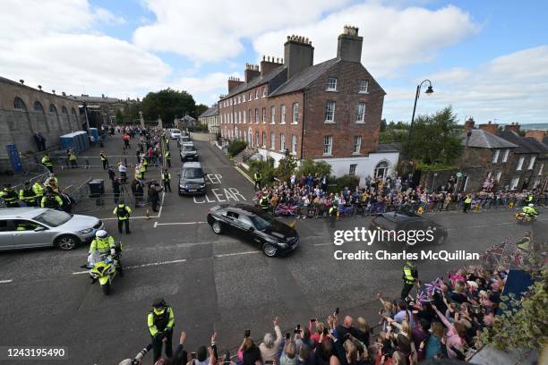 His Majesty King Charles III accompanied by the Queen Consort are pictured leaving Hillsborough Castle on September 13, 2022 in Hillsborough,...