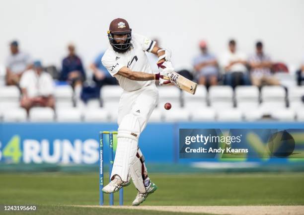 Hashim Amla of Surrey hits out during the LV= Insurance County Championship match between Northamptonshire and Surrey at The County Ground on...