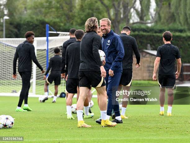 Head Coach Graham Potter of Chelsea during a training session ahead of their UEFA Champions League group E match against FC Salzburg at Chelsea...