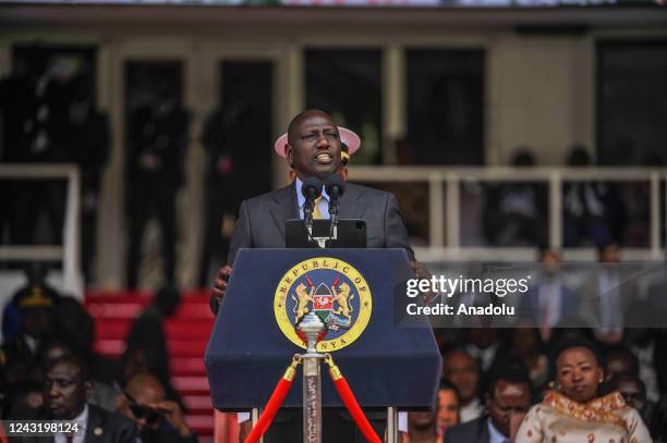 Kenya's newly elected President William Ruto makes a speech after he sworn in as Kenya's fifth president during a ceremony in Nairobi, Kenya on...