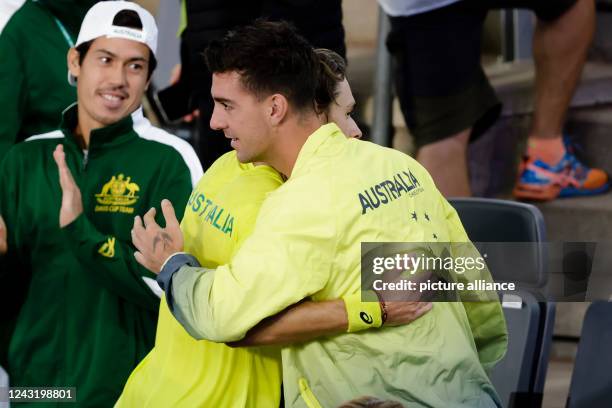 September 2022, Hamburg: Tennis, men, Davis Cup, group stage, group C, group stage, Belgium - Australia. De Minaur - Goffin . The Australian players...