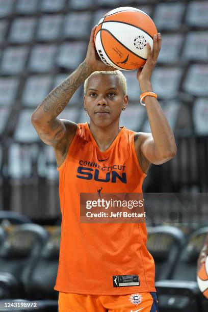 Courtney Williams of the Connecticut Sun handles the ball during practice and media availability of the 2022 WNBA Finals on September 12, 2022 at...