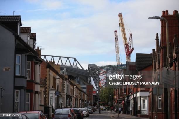 This photograph taken on september 13, 2022 shows the famous Anfield Road Stand under expansion renovation work in Liverpool, north west England,...