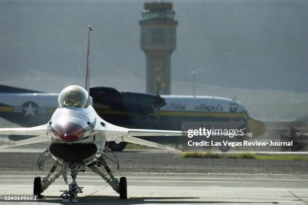 The Blue Angels and the Air Force Thunderbirds at a joint practice at Nellis Air Force Base on Oct. 7, 1997. The two elite teams only fly together...