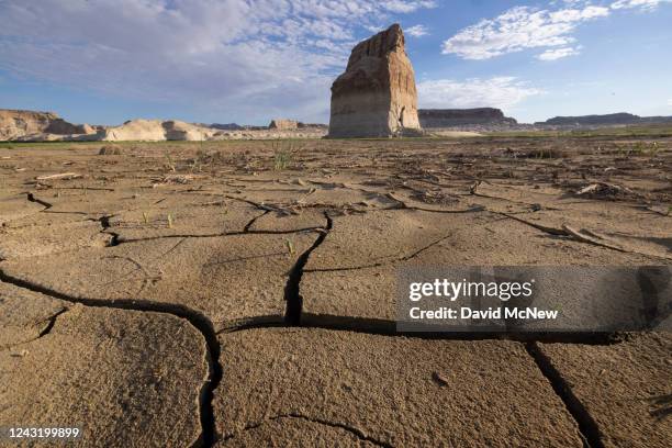 Cracked mud dries in the sun where Lake Powell used to surround Lone Rock, in the distance, on September 2, 2022 near Page, Arizona. The light...