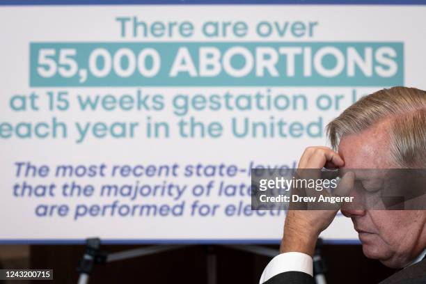 Sen. Lindsey Graham waits to speak during news conference to announce a new bill on abortion restrictions, on Capitol Hill September 13, 2022 in...