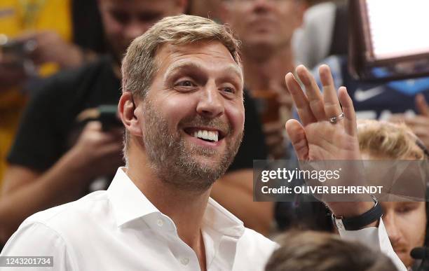 German former basketball player Dirk Nowitzki arrives prior to the FIBA Eurobasket 2022 quarter-final basketball match between Germany and Greece in...
