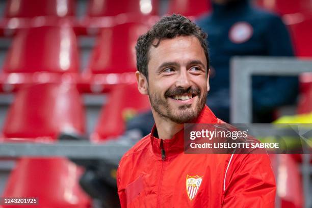 Sevilla's Danish midfielder Thomas Delaney arrives to attend a training session in Copenhagen on September 13 on the eve of the UEFA Champions League...