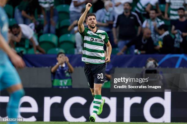 Paulinho Sporting Clube de Portugal celebrates 1-0 during the UEFA Champions League match between Sporting CP v Tottenham Hotspur at the Estadio Jose...