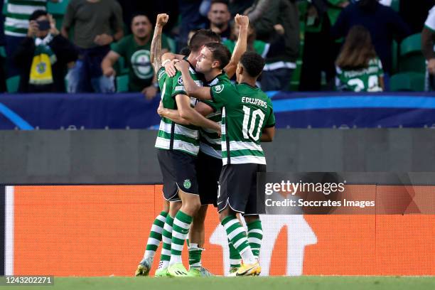 Paulinho Sporting Clube de Portugal celebrates 1-0 with Marcus Edwards Sporting Clube de Portugal, Sebastian Coates Sporting Clube de Portugal during...