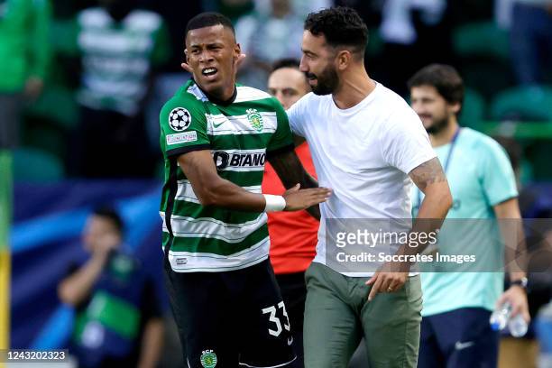 Arthur Gomes Sporting Clube de Portugal celebrates 2-0 with sCoach Ruben Marsa Sporting Clube de Portugal during the UEFA Champions League match...