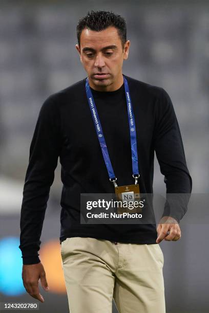 Xavi Hernandez head coach of Barcelona looks on prior the UEFA Champions League group C match between FC Bayern München and FC Barcelona at Allianz...