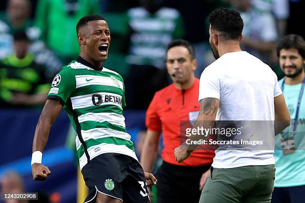 Arthur Gomes Sporting Clube de Portugal celebrates 2-0 with sCoach Ruben Marsa Sporting Clube de Portugal during the UEFA Champions League match...