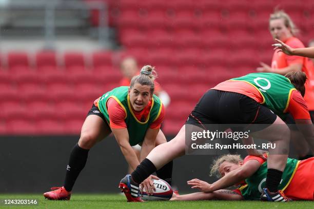 Claudia MacDonald of England prepares to pass the ball out of the ruck during the England Red Roses Captain's Run at Ashton Gate on September 13,...