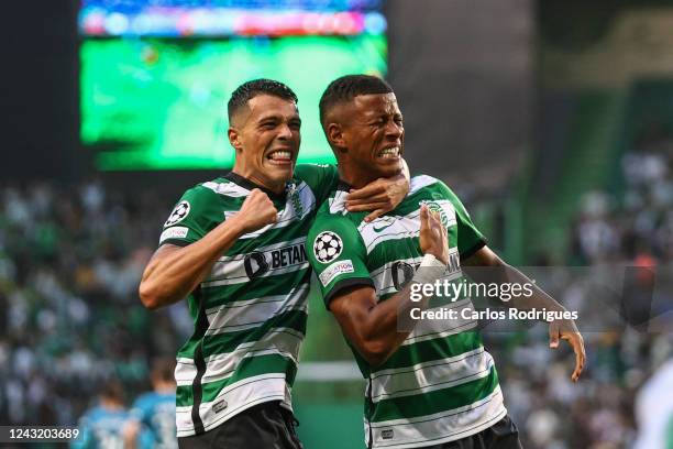 Arthur of Sporting CP celebrates scoring Sporting CP second goal with Pedro Porro of Sporting CP during the UEFA Champions League group D match...