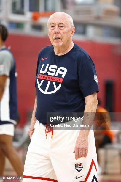 Mike Thibault assistant coach of the USA Womens Basketball Team looks on during practice on September 9, 2022 at Cox Pavilion in Las Vegas, Nevada....