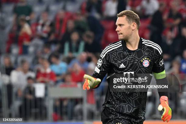 Bayern Munich's German goalkeeper Manuel Neuer reacts during the UEFA Champions League Group C football match between FC Bayern Munich and FC...