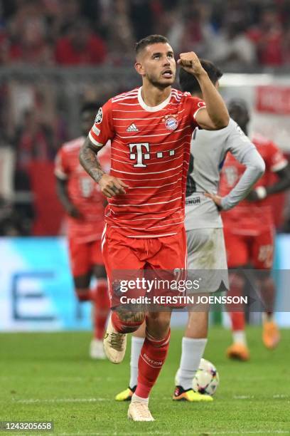 Bayern Munich's French defender Lucas Hernandez celebrates scoring the 1-0 goal during the UEFA Champions League Group C football match between FC...