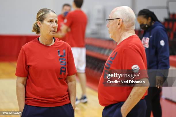 Cheryl Reeve head coach of the USA Womens Basketball Team talks with assistant coach Mike Thibault during practice on September 9, 2022 at Cox...