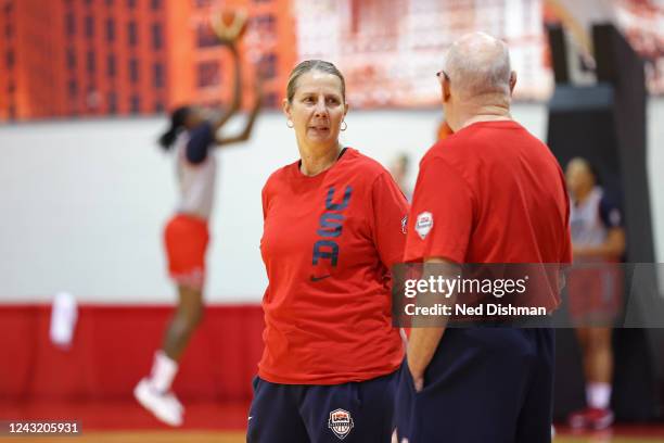Cheryl Reeve head coach of the USA Womens Basketball Team talks with assistant coach Mike Thibault during practice on September 9, 2022 at Cox...