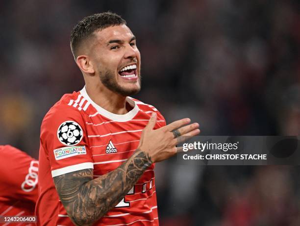 Bayern Munich's French defender Lucas Hernandez celebrates scoring the 1-0 goal during the UEFA Champions League Group C football match between FC...