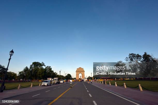 Blue skies over India Gate, part of the revamped Central Vista Avenue on September 13, 2022 in New Delhi, India.