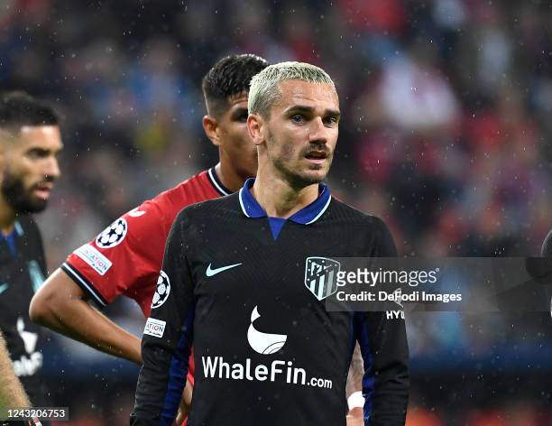 Antoine Griezmann of Atletico Madrid looks on during the UEFA Champions League group B match between Bayer 04 Leverkusen and Atletico Madrid at...